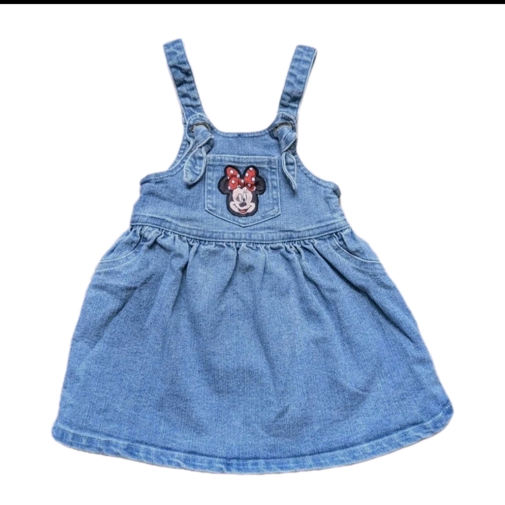 DISNEY JUNIOR Denim Jean Minnie Mouse Winking Embroidered Jumper 12 Months EUC